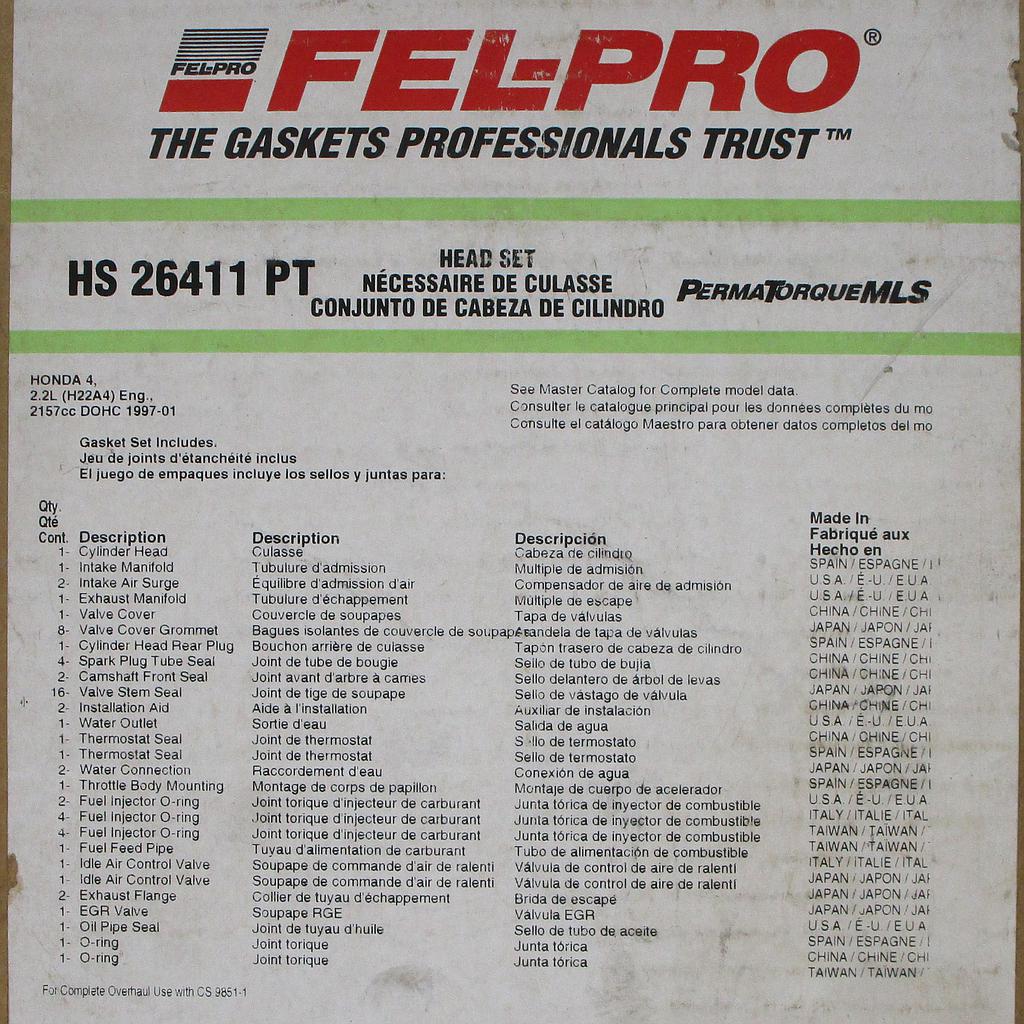 Engine Cylinder Head Gasket Compatible With : 1997-2001 Honda Prelude L4, 2.2L / 2156 CID DOHC 16 Valve, Engine Code : H22A1, H22A4